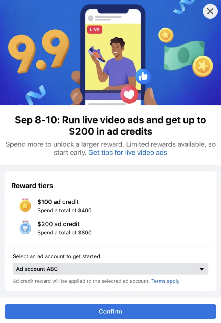 9.9 incentive enrollment — select Page and ad account
